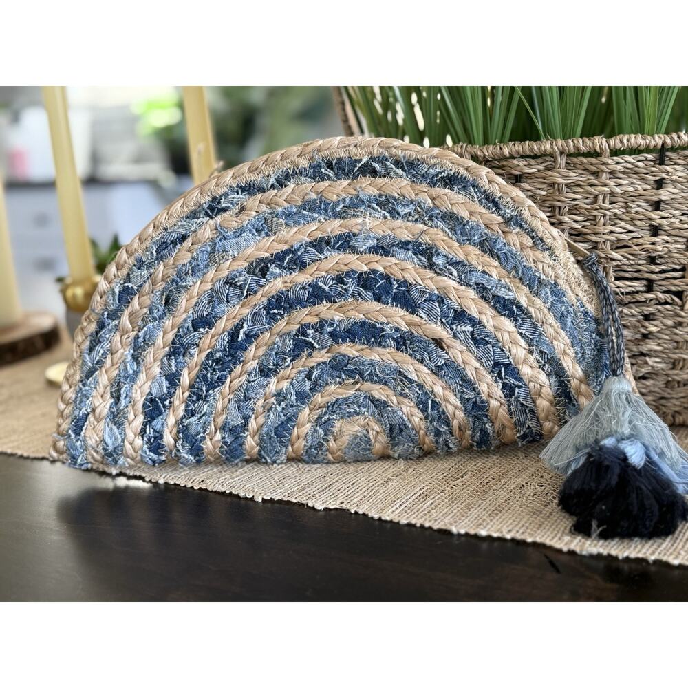SHIRALEAH Chicago Jute/Cotton Crescent Burlap Blue/Tan Clutch Bag Vacation Beach - Picture 4 of 14